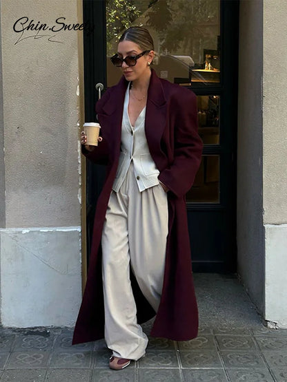 Burgundy Red Woolen Long Coat Oversized Shoulder Pads Full Sleeve Double Breasted Overcoats Autumn Lady