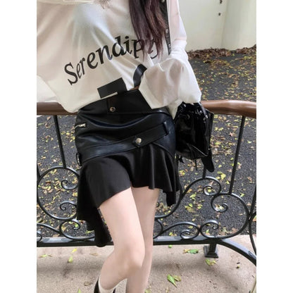 Faux Leather Splicing Pleated Mini Skirt Autumn New Color Asymmetric Aline Skirt