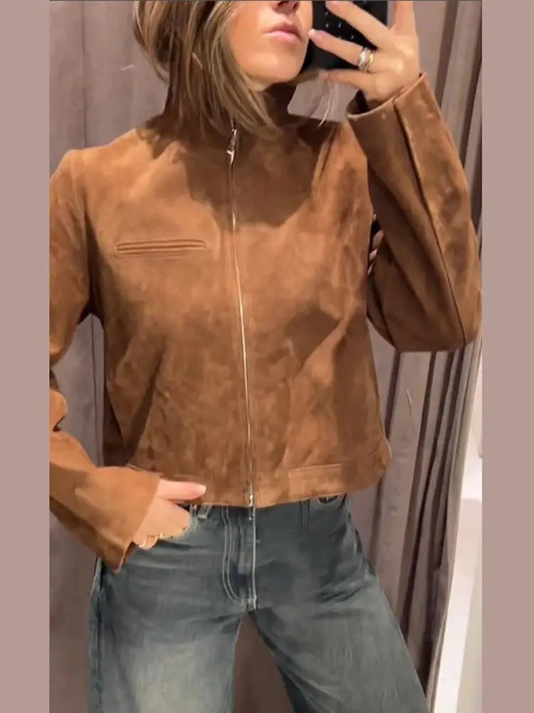Stand Collar Suede Leather Jacket Coat Zipper Retro Long Sleeved Biker Jackets Loose Front Shoulder Short Outwear