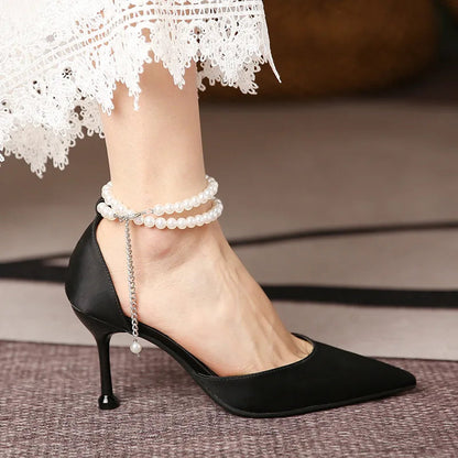 Stiletto Strap Pearl Butterfly Pointed Toe High Heel Shoes Banquet Exquisite High Heel Sandals