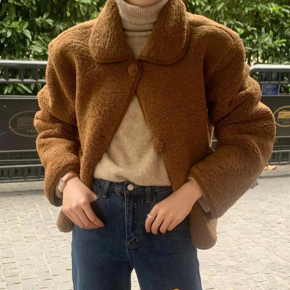 Winter Sweet Plush Coat Lamb Fur Jacket Peter Pan Collar Single Breasted Short Outerwears