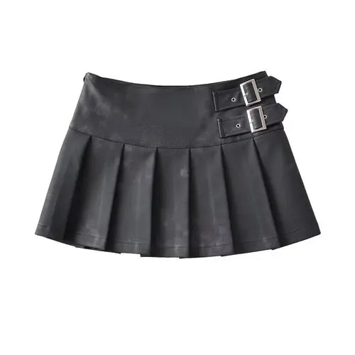 Korean Retro High Street Pu Leather Low Waist Pleated Short Skirt Skirt