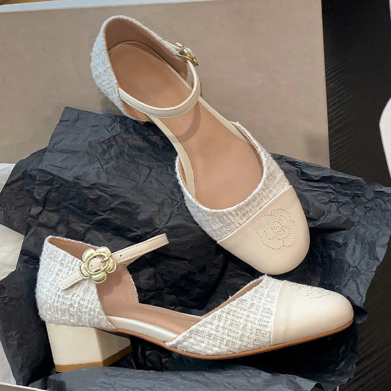 Genuine Leather Fabric Patchwork Ankle Strap Flats Sandals Round Toe Female Summer Espadrilles Shoes for