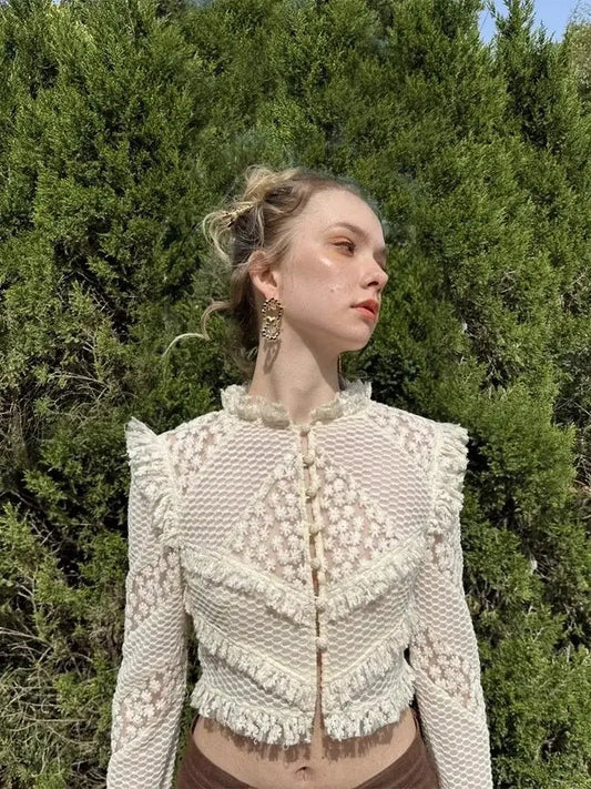 Heavy Industry Embroidered Lace Hook Flower Shirt Female Long Sleeve Blouse Clothing Autumn New Slimming Short Top