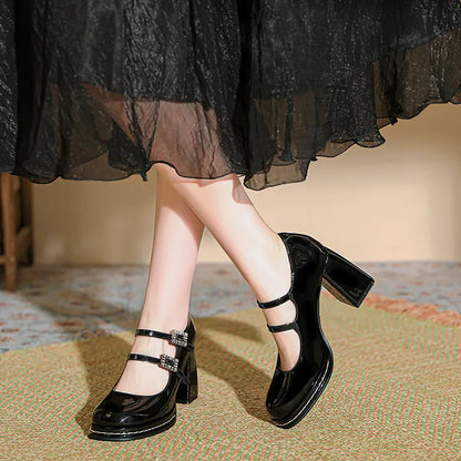 Shallow Mouth High Heel Leather Shoes Slip on Mary Jane Chunky Sandals Increasing Height Clogs for Laceup Navy Blue Pumps