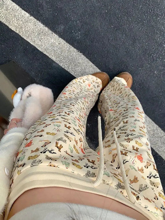 Puppy Print Sweat Y2k Pants Female Autumn Winter Plus Fleece High Waisted Slim Rope Flared Straight Leg Pants