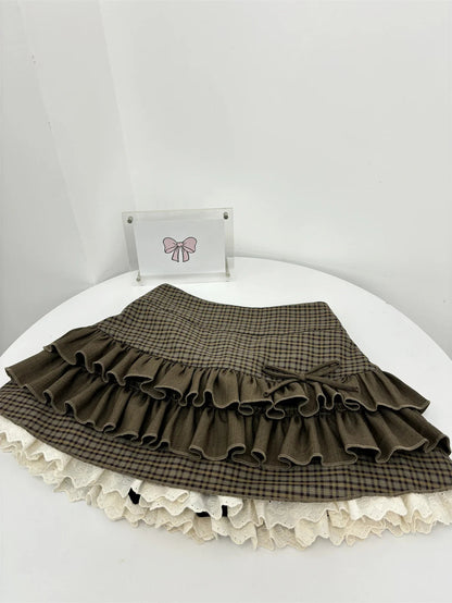 Sweet Hot Girl Retro Suit Autumn and Winter Bow Off Shoulder Sweater Plaid Aline Skirt Twopiece Set Female Clothes