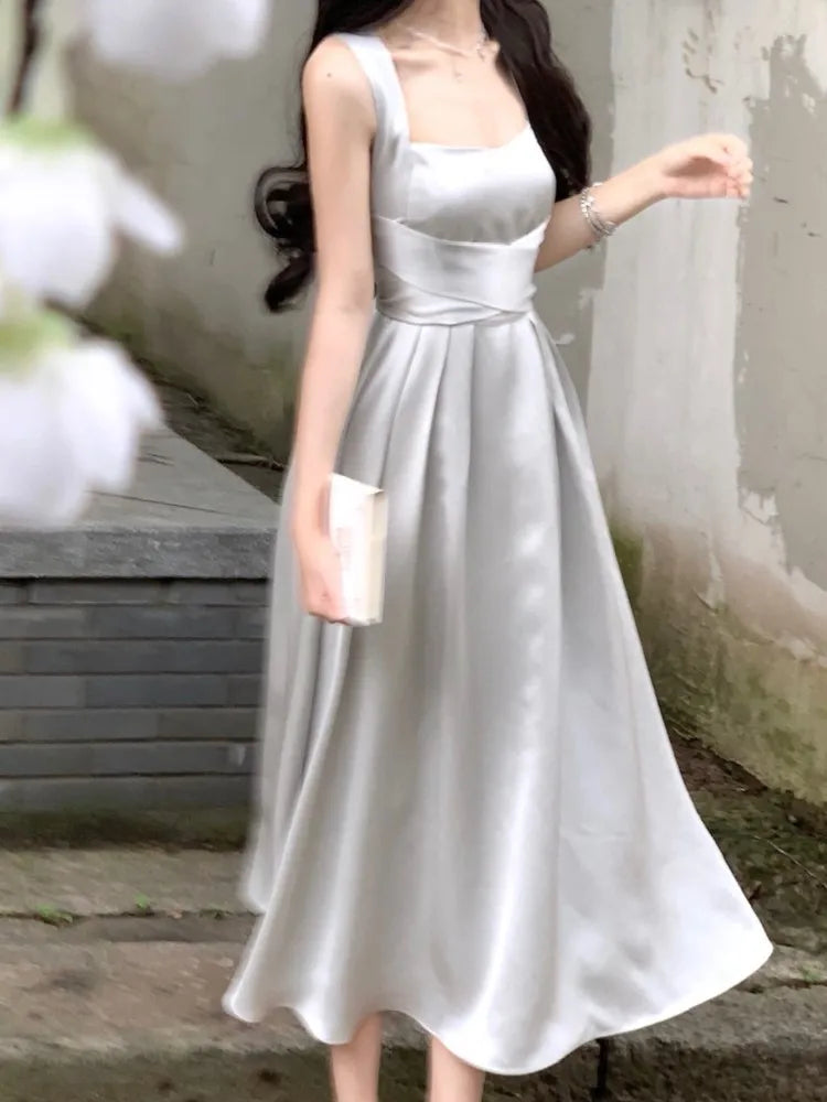Sleeveless Midi Dresses for Slim Aline Wedding Evening Party Dress Prom Robe Vestidos Mujer