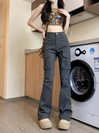 Pants for Autumn New High Waist Retro Spicy Girl Flare Pants Y2k Elastic Jeans Gray Wide Leg Pants