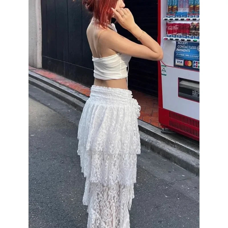 Color Hollow Lace Aline Skirt Summer New Korean Slim Pleated Asymmetric Cake Skirt
