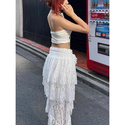 Color Hollow Lace Aline Skirt Summer New Korean Slim Pleated Asymmetric Cake Skirt