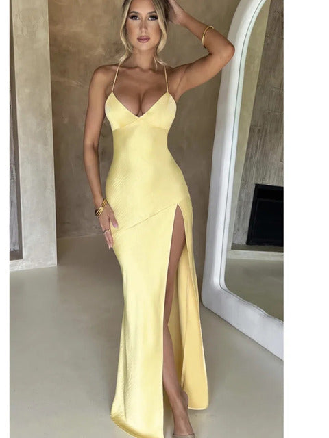 Strapless Satin Maxi Dress Open Back High Slit Slim Dress Spring Summer Party Club Vestidos