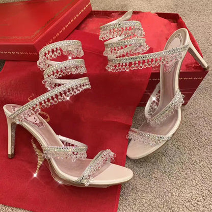 Summer New Stiletto Rhinestone Snakeshaped Winding Crystal Pendant Sandals Female Fairy Style Highheeled Roman Shoes
