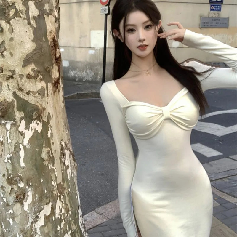 French Autumn New Bodycon Midi Dresses Square Collar Long Sleeve Slim Korean Party Dress Vestidos Mujer