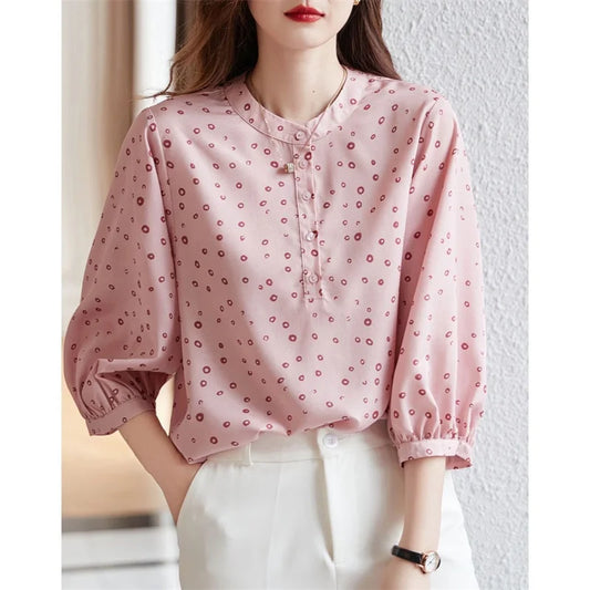 Woman Spring Summer Style Blouses Tops Lady Half Sleeve Stand Collar Polka Dot Printed Blusas Tops Df4474