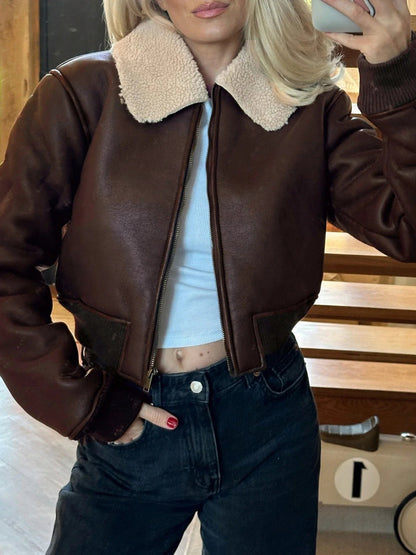 Patchwork Pu Leather Jackets Basic Turn-down Collar Long Sleeve Coats Autumn Winter Lady