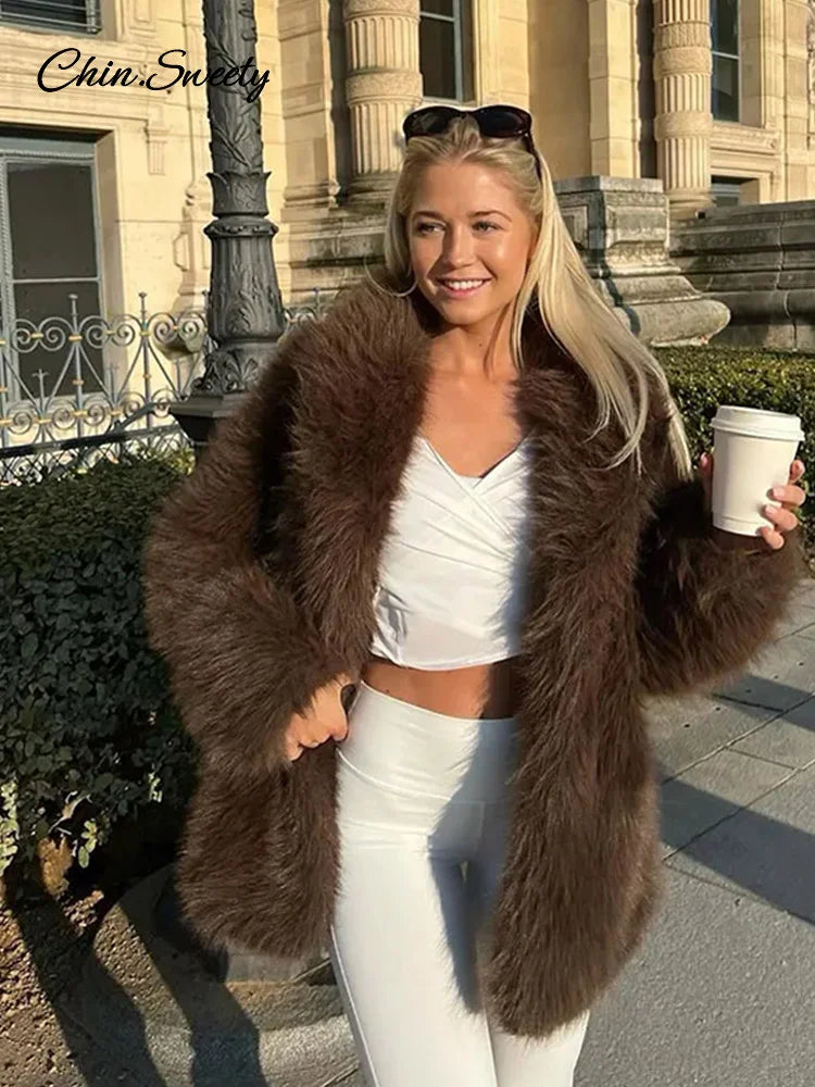 Brown Faux Fur Coats Full Sleeve Lapel Long Warm Jacket Winter Fluffy Thick High Street Outerwear New