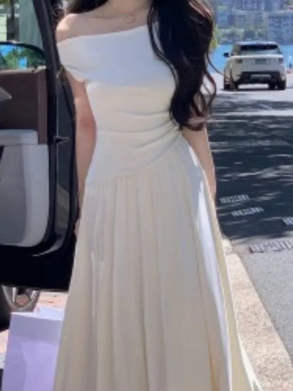 White Long Dresses Fairycore Slash Neck Inclined Shoulder Vestidos Summer Laceup Ruched Trumpet Dress