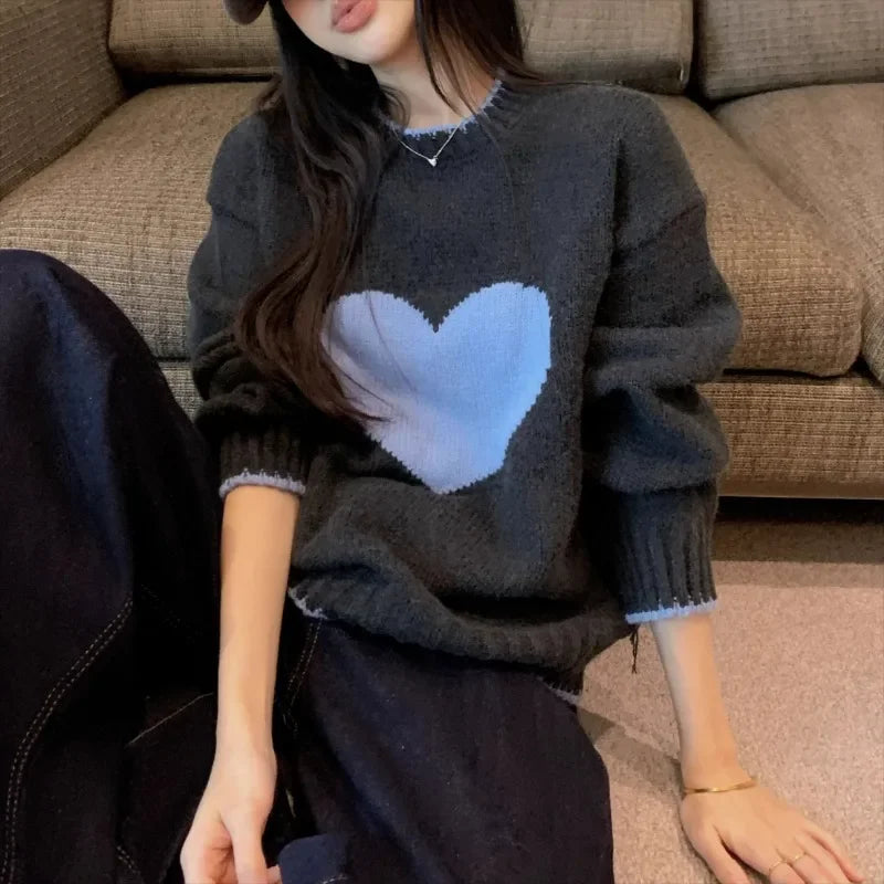High Street Contrast Color Patchwork Long Sleeve Sweater Spring New Oneck Heart Embroidery Loose Knitted Tops