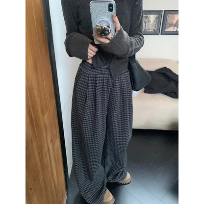 High Waist All Match Tweed Pants Spring New Contrast Color Plaid Wide Leg Pants