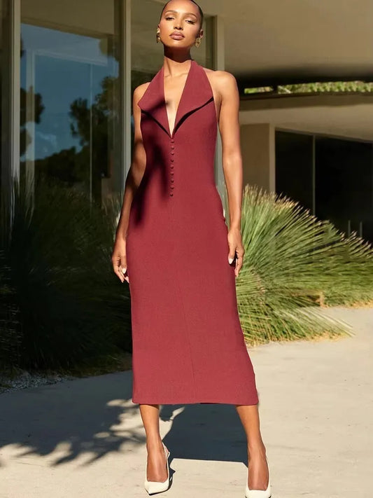 Halter Deep V Neck Sleeveless Maxi Dress for Backless Bodycon Tank Dress Femme Long Dress