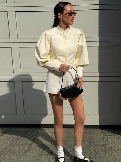 Retro Stand Collar Short Shirt Single Breasted Puffy Sleeve Shirts Coat Lady Versatile