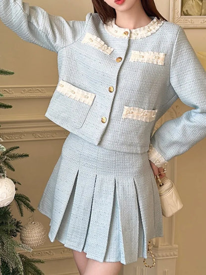 Spring Summer Korean Skirts Suit Coat A-line Pleated Skirts Two Pieces Set Female Clothes New