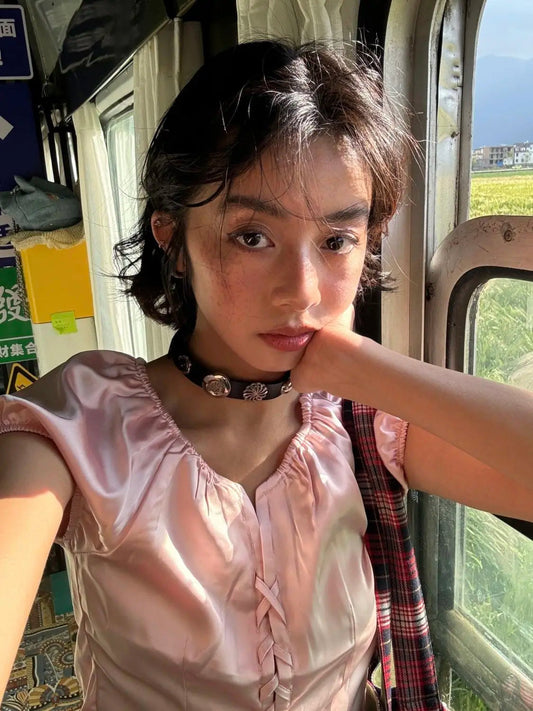 Summer American Retro Pink Pleated Hollow Lace Up Design Blouses Female Short Sleeve Shirt Top Spicy Girl Slim Short Top