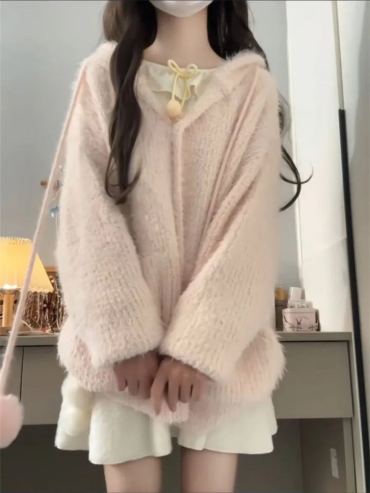 Sweater Sweet Furry Hooded Long Sleeve Loose Stretch Single Breasted Pockets Ball Drawstring Knitted Cardigan