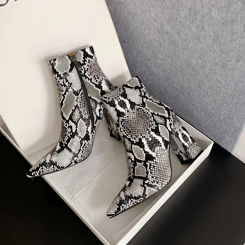 Snake Print Pu Leather Ankle Boots Zip Pointed Toe Footwear Block High Heels Female Boot Winter Party Shoes New 43