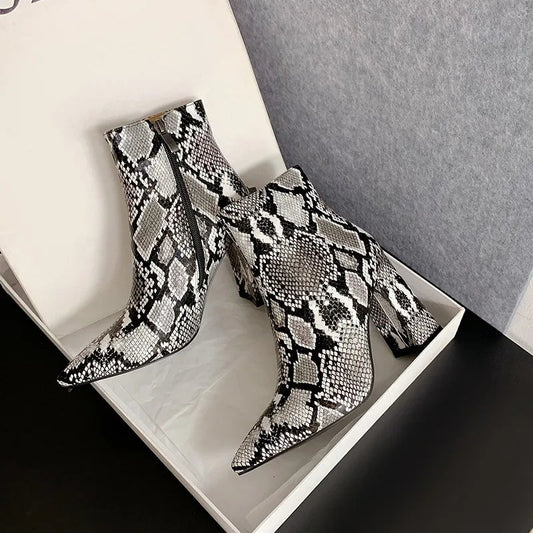 Snake Print Pu Leather Ankle Boots Zip Pointed Toe Footwear Block High Heels Female Boot Winter Party Shoes New 43