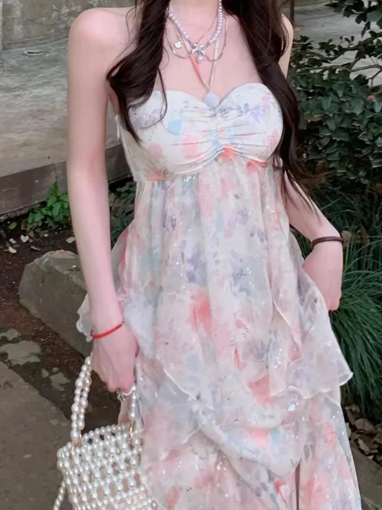 Sleeveless Midi Dresses for Beach Style Chiffon Hanging Neck Strap Holiday Sundress One Piece Vestidos