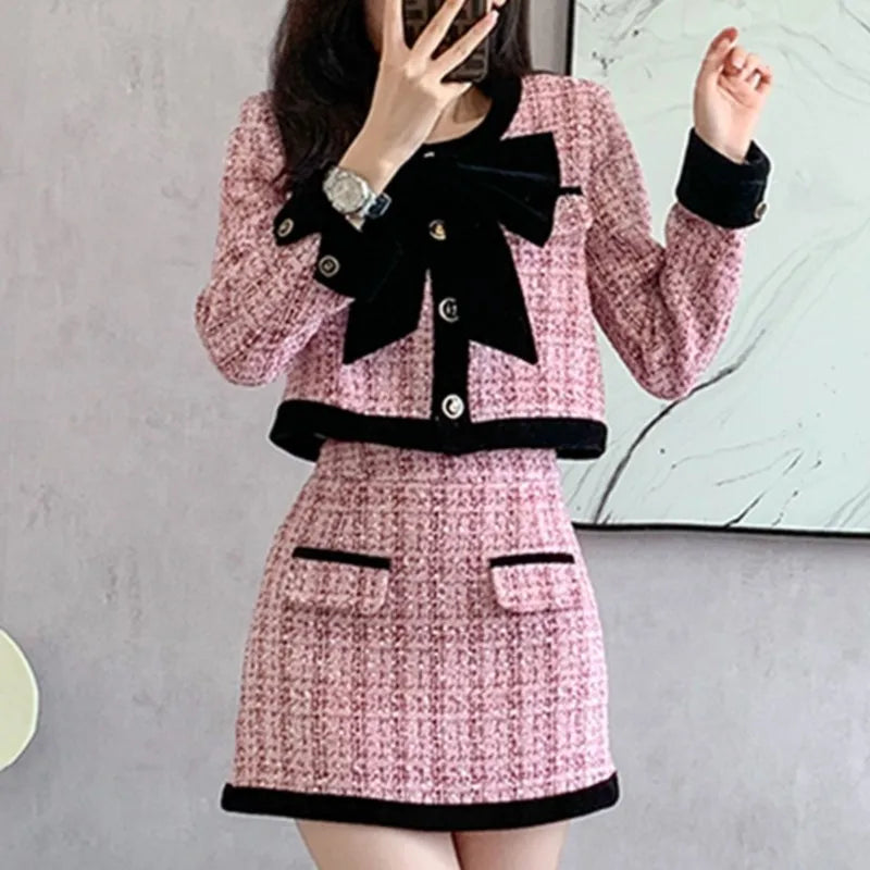 Autumn Winter Tweed Two-piece Skirt Set Short Jacket Coat + Mini Skirt Suits Korean Female Outfits