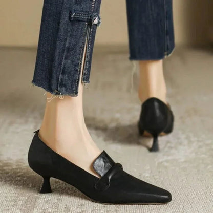 French Retro Temperament Lowheeled Shoes Spring New Leather Pointed High Heels Small Leather Shoes Large Size 43
