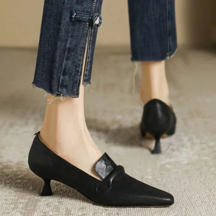 French Retro Temperament Lowheeled Shoes Spring New Leather Pointed High Heels Small Leather Shoes Large Size 43