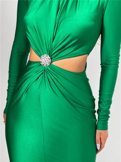 Hollow Out Maxi Dress for Autumn Winter New Turtleneck Long Sleeve Bodycon Club Party Evening Dress