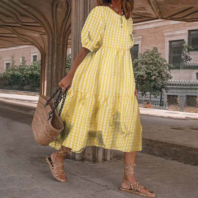 Summer New ’s Print Dress Puff Short Sleeves Ruffles Loose A-line Midi Dresses Beach Vacation Vestidos