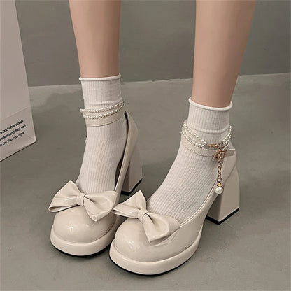 Lolita Bow Bow Decor Pumps Platform Chunky High Heels Ankle Strap Sweet Pumps for Girl Shoes