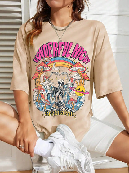 Dancing Skull Printed Female T-shirts Cool Comfortable Tshirts Funny Tee Shirts Hip Hop Oversized Tops