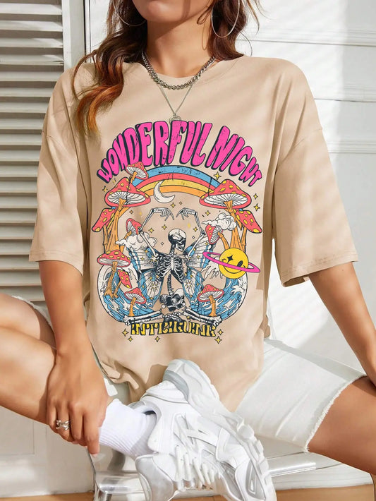 Dancing Skull Printed Female T-shirts Cool Comfortable Tshirts Funny Tee Shirts Hip Hop Oversized Tops