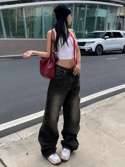 Jeans Harajuku Cargo Pants Y2k Denim Distressed Straight Wide Leg Trousers Female Korean