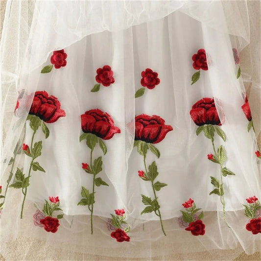 Elastic High Waist Midlong Aline Pleated Skirts New Summer Rose Embroidery Mesh Skirt