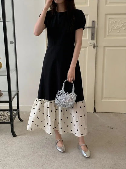 French Black Midi Dresses for Puff Sleeve A-line Patchwork Dot Korean One Piece Vestido Autumn New