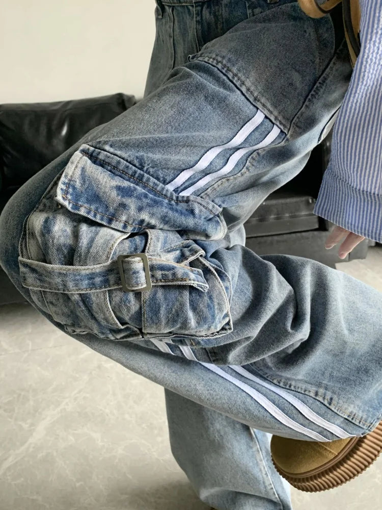 Stripe Blue Cargo Jeans Y2k Harajuku Loose Korean High Waist Denim Trousers Hip Hop Causal Female Pants