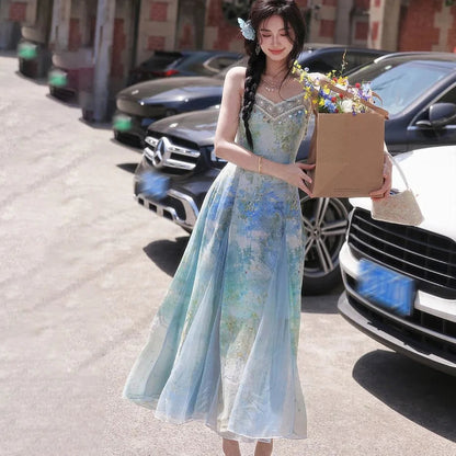 Blue Sfumato Print Dress ’s Commuting Splicing Evening Suspender Long Dresses Mesh Splicing Summer New Style