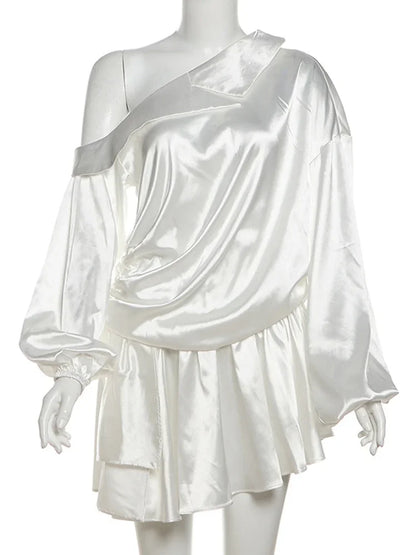 Draped Mini Dress for Backless Irregular Skew Collar Long Sleeve Party Dresses High Waist