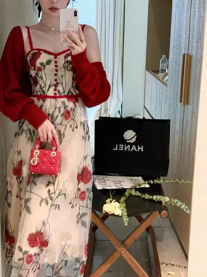 Sweet Hot Girl Suit Autumn Red Longsleeved Cardigan Embroidery Strap Dress Twopiece Set Female Clothes