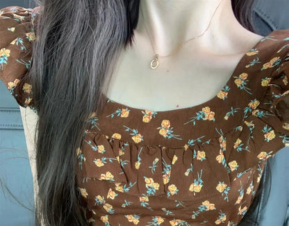 Flying Sleeve Dresses Print Ruffles Sweet Spring Summer Long Dress French Style Vestidos Mujer