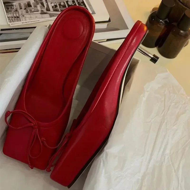 Designer Mule Pumps Slippers Bow Square Toe Party Dress Shoes Red High Heels Sandals