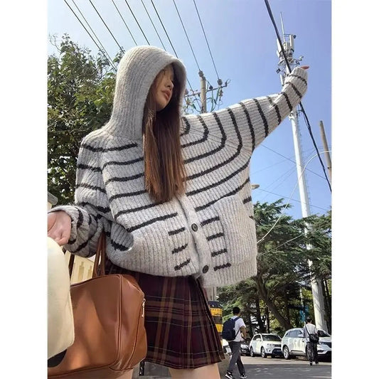 American Striped Hooded Sweater for Autumn and Winter New Lazy Style Thick Loose Knitted Cardigans Clothing